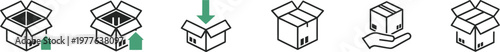 Isometric shipping box icon set featuring cardboard boxes packaging process unboxing arrow delivery and handling symbols