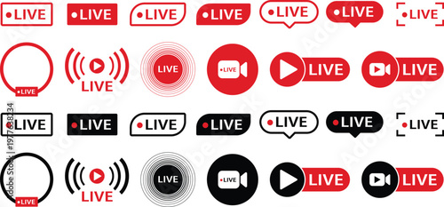 Live streaming icon set featuring red and black buttons with camera and signal symbols for online broadcasting. Digital elements represent real time video content. Vector collection for social media.