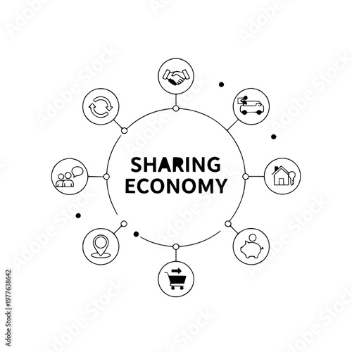 Sharing economy concept with icons of car sharing, home rental and peer to peer services isolated on white
