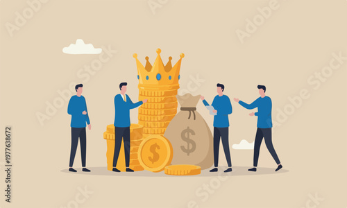 Cash is king fla pillars or investor prepare cash to buy stock in economic crisis concept, stack of money dollar coins and money bag with precious king golden crown