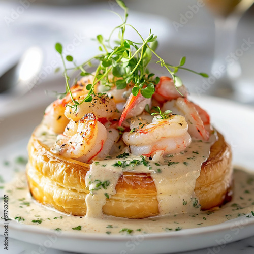 Shrimp pastel puff pastry topped with creamy sauce and herbs  
