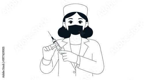 An outline drawing of a nurse wearing a mask and holding a syringe, preparing for medical procedure.