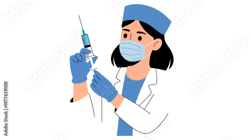 A professional nurse in uniform and face mask holding a syringe, ready to administer medication or vaccine.
