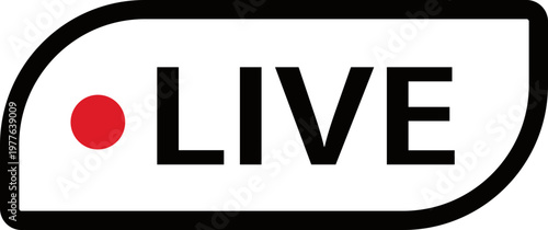 Live streaming icon featuring a black border with recording dot for online broadcasting. Digital label represents real time video content. Vector graphic for social media stream design.