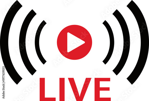 Live streaming icon featuring signal wave symbol with play button for online broadcasting. Digital transmission indicator represents real time video content. Online stream vector illustration.