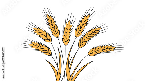 Several golden wheat stalks with ripe grains and leaves, representing farming, prosperity and natural food.