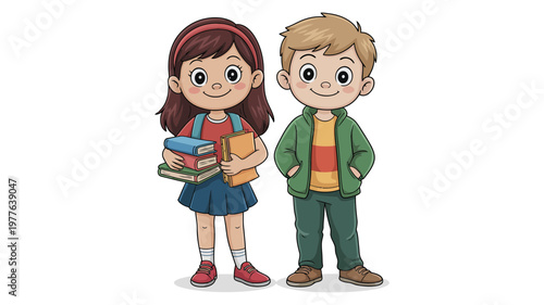 A cheerful cartoon boy and girl, dressed casually, stand smiling with the girl holding a stack of books.