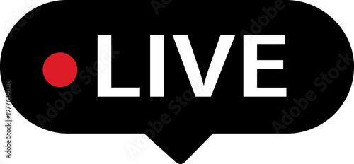Live streaming icon with red recording dot for online broadcasting. Digital label represents real time video content. Vector graphic for social media stream design.