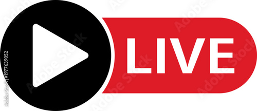Live streaming icon featuring red and black play button symbol for online broadcasting. Digital label represents real time video content. Online stream vector illustration design.