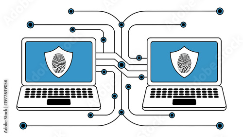 Two color laptops with blue screens showing fingerprint shields are linked by a complex digital network.