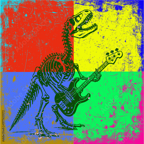 Vintage T-Rex Skeleton Playing Bass Guitar Vector Background