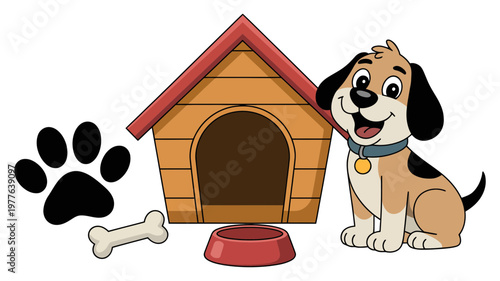 A cute cartoon beagle puppy sits beside its dog house, with a bone and paw print.