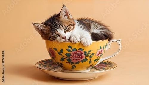 A tiny tabby kitten comfortably nestled inside a vintage floral teacup on a saucer