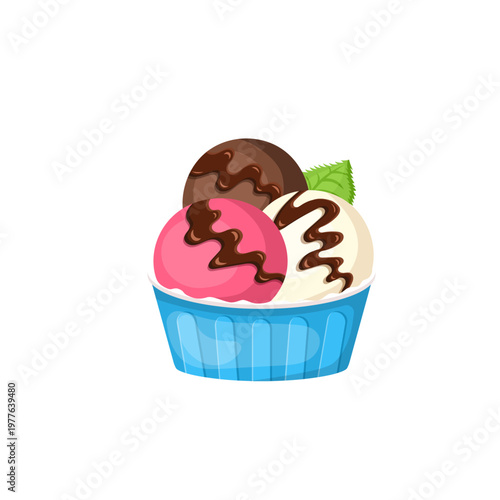 Three scoops of ice cream in a blue glass bowl with chocolate topping. strawberry, vanilla and chocolate sundae. Flat vector illustration isolated without background