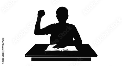 Confident businessman flexing arm sitting at desk with book, feeling successful and strong, in professional office setting with modern furniture