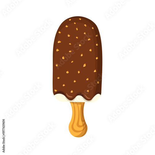 Vanilla ice cream on a stick with dark chocolate glaze and nut sprinkles. Flat vector illustration of frozen dessert isolated without background.