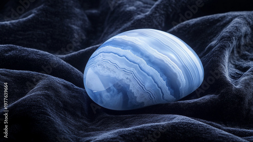 Blue agate stone on soft dark velvet fabric background  