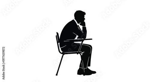 Businessman sitting in chair thinking with hand on chin in black silhouette isolated on white background