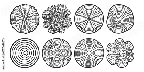 Set of eight hand drawn tree ring cross section icons with organic shapes vector illustration