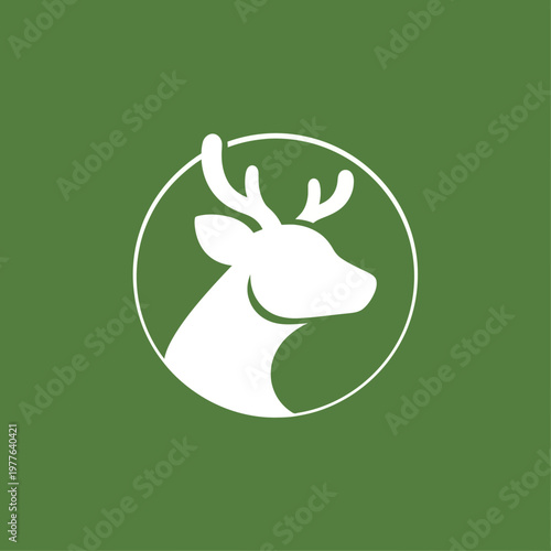 White Deer Head Silhouette Inside Circle on Green Background.