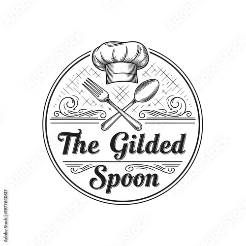 The Gilded Spoon Restaurant Logo with Chef Hat and Utensils.