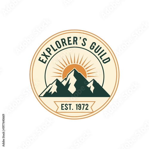 Vintage Explorers Guild Emblem with Mountains and Sun.