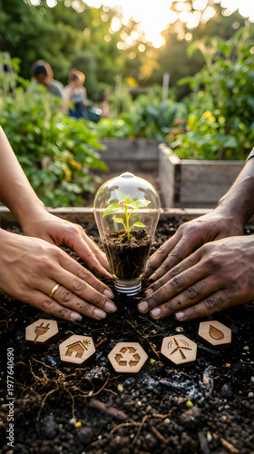 Regenerative Earth Day action showing diverse hands planting a seedling inside a glass lightbulb