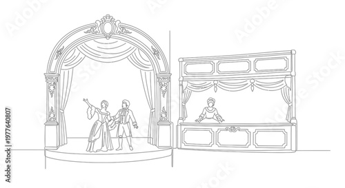 Vintage Theatre Stage with Performers and Audience Box