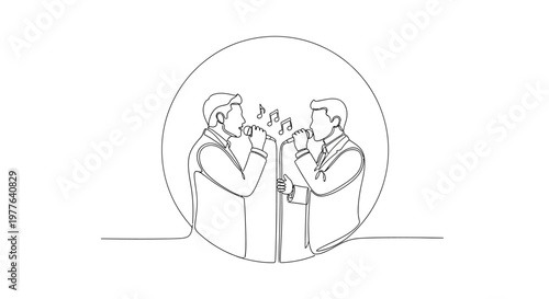 Two men singing karaoke in a circle, line art illustration