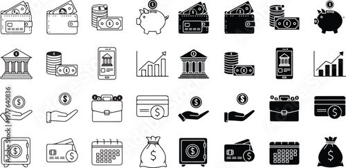 Money outline icon set in line style. Financial and banking symbol collection with business and investment concepts including wallet, cash, piggy bank, bank and mobile banking icons