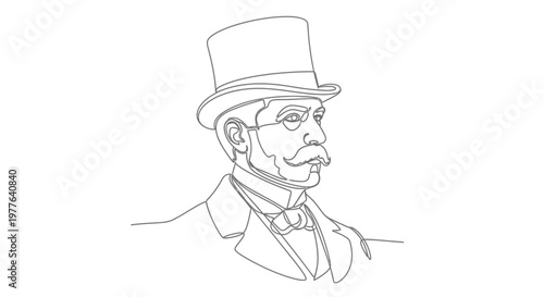 Victorian Gentleman Portrait, Top Hat, Mustache, Single Line Drawing
