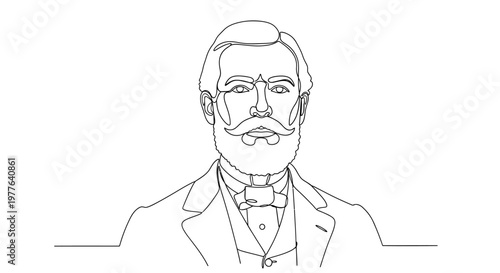 Victorian Gentleman Line Drawing Portrait, Vintage Man with Mustache and Beard