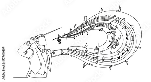Conductor Leading Orchestra, Musical Notes Flowing, Classical Music