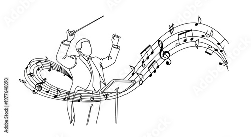 Orchestra Conductor Leading Music Notes Swirl