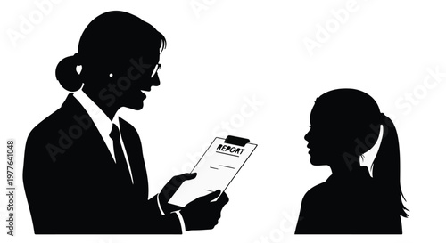 Silhouette of a teacher showing a report card to a student