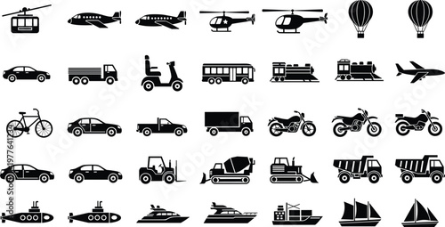 Diverse collection of flat vector icons representing various modes of transportation on transparent background.