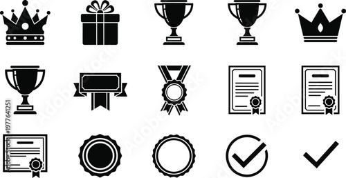 Set of black and white icons related to awards achievements and recognition on transparent background.