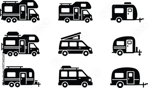 Collection of RVs and campers, motorhomes and trailers silhouettes.