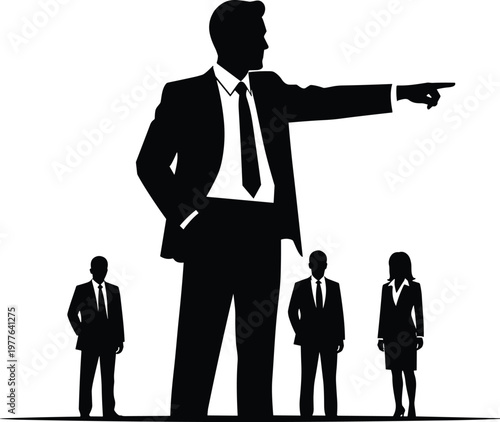 Businessman leader pointing direction with smaller employees silhouette.