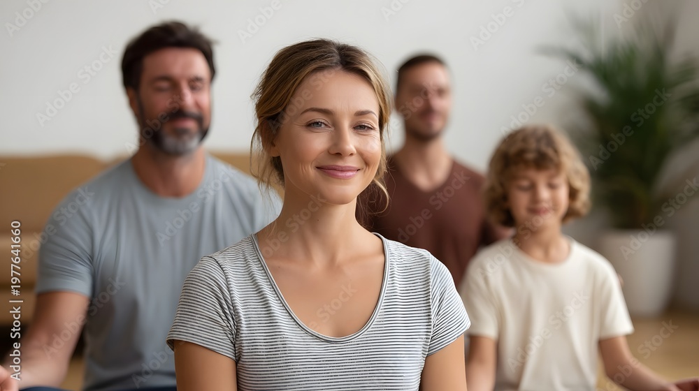 Fototapeta premium A heartwarming family portrait capturing the serene and connected moments of parents and child in a sunlit modern home setting