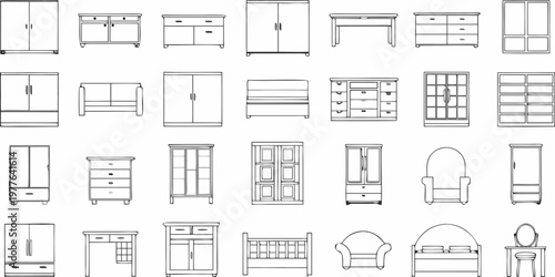 Collection of furniture outlines including wardrobes dressers and tables