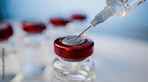 Detailed shot of syringe piercing a vial in a clinical environment, illustrating vaccination process, pharmaceutical production, and healthcare science.