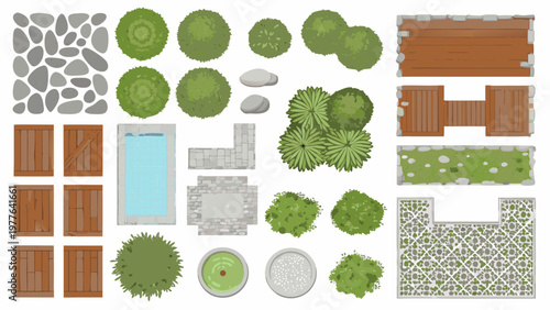 Aerial view of various landscaping elements arranged in a grid pattern