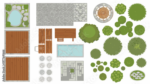 Aerial view of garden elements pools trees patios and landscaping