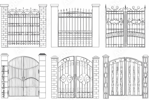 Collection of ornate black wrought iron gates in a technical drawing style