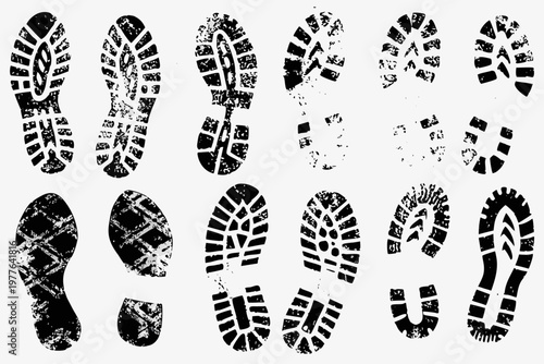 Collection of various black shoe prints and sole patterns isolated on white