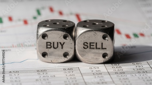 Two metal dice showing buy and sell placed on financial charts, representing trading decisions, risk management, and investment strategy.