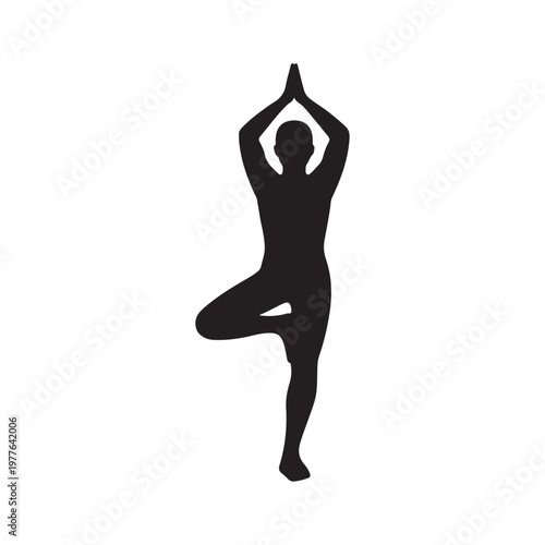 Silhouette of a person practicing the tree pose yoga position on a white background