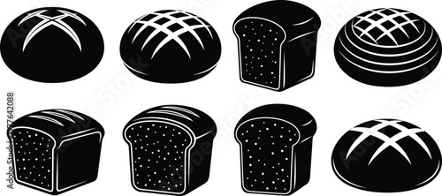 Collection of black and white of various bread loaves and round breads loaf sliced bread bakery