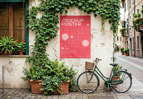 Old Town Street Poster Mockup. Vintage European Street Wall with Bicycle